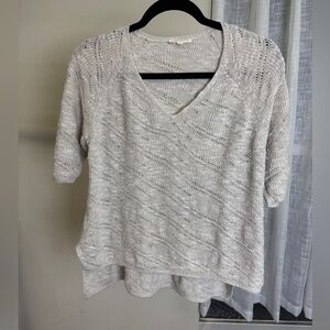 Eileen Fisher Short Sleeve Knit V-Neck Top, Medium, Beige, Light Textured Knit